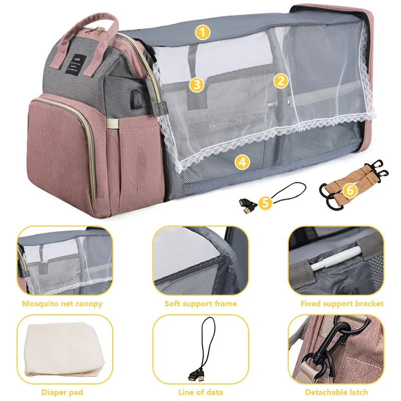 Diaper Bag Backpack with Changing Station/Crib